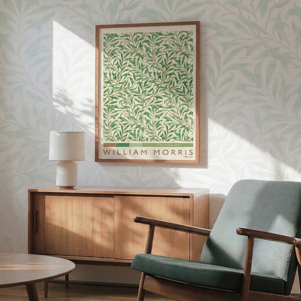 Framed vintage poster featuring serene willow boughs with intricate leaves in muted sage and forest green tones on cream background, embodying Art Nouveau design principles.