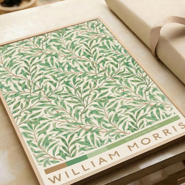 Classic Art Nouveau framed print depicting graceful willow branches with detailed leafwork in harmonious greens and tan against a cream foundation, conveying natural elegance.