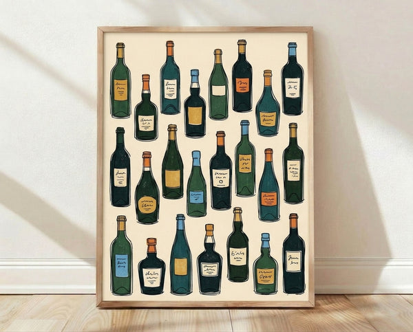 Framed minimalist line art poster featuring a collection of wine bottles in cream, dark green, dark blue, gold, and orange tones with a retro aesthetic.
