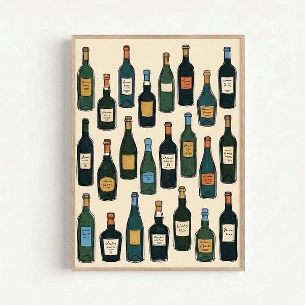 Retro line drawing poster displaying various wine bottles with eclectic charm, rendered in warm and cool vintage colors on a cream background.