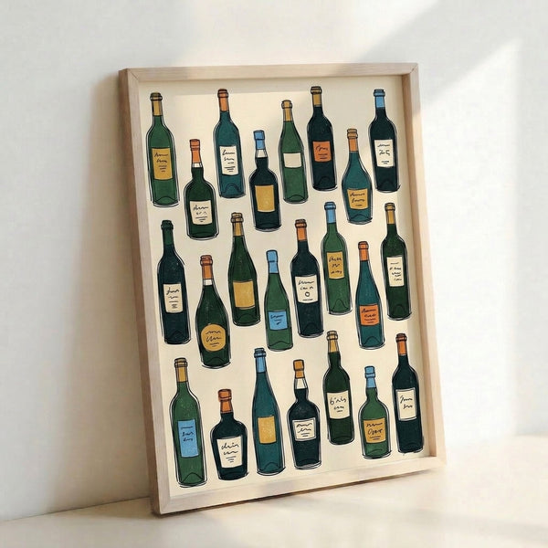 Minimalist wine bottle collection artwork in classic line art style, showcasing multiple bottles in gold, green, blue, and orange hues with casual wine-lover appeal.