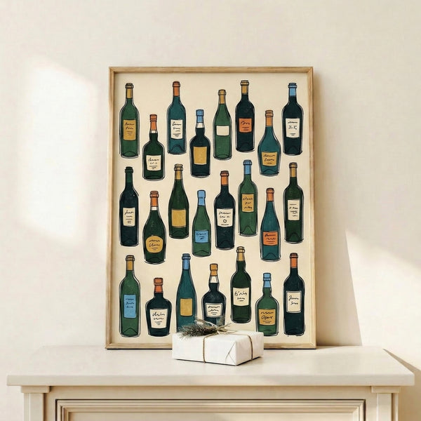 Vintage-inspired line art print of wine bottles arranged as a collection, featuring a sophisticated palette of cream, dark green, navy, and metallic gold accents.