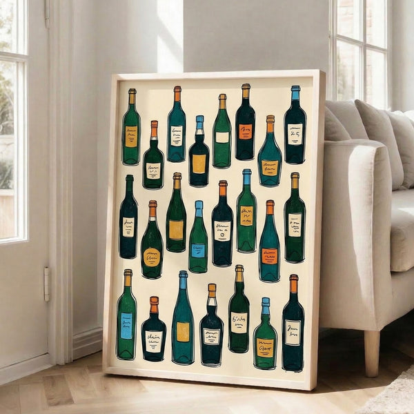Eclectic wine bottle line drawing poster with retro character, rendered in muted cream, forest green, slate blue, and warm orange and gold tones.