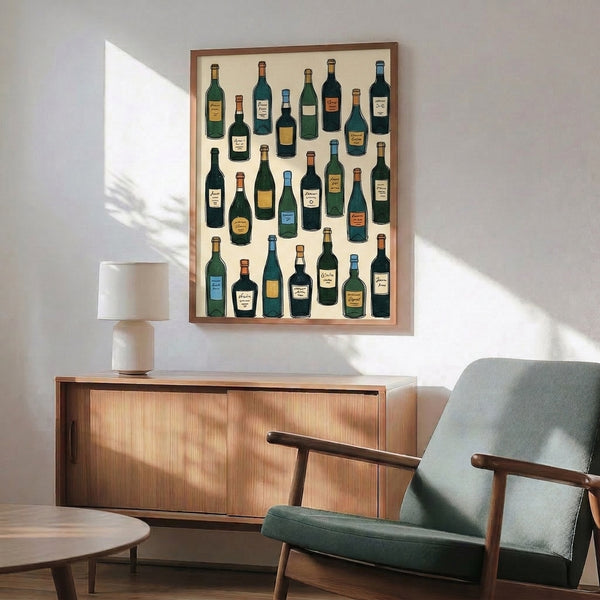Framed poster art featuring minimalist line-drawn wine bottles in a retro style palette of cream, dark blue, dark green, gold, and burnt orange.