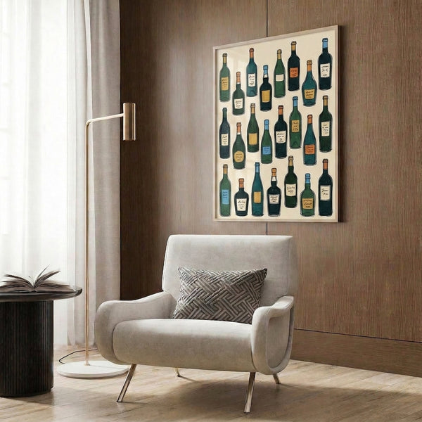 Wall art print displaying a casual wine bottle collection in linear minimalist style, with vintage color blocking in cream, green, navy, orange, and gold.
