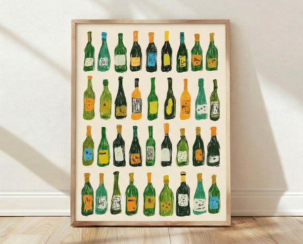 Playful modern line art poster featuring hand-drawn wine bottles in forest green, cream, orange, and yellow with bold black outlines, framed on a wall.