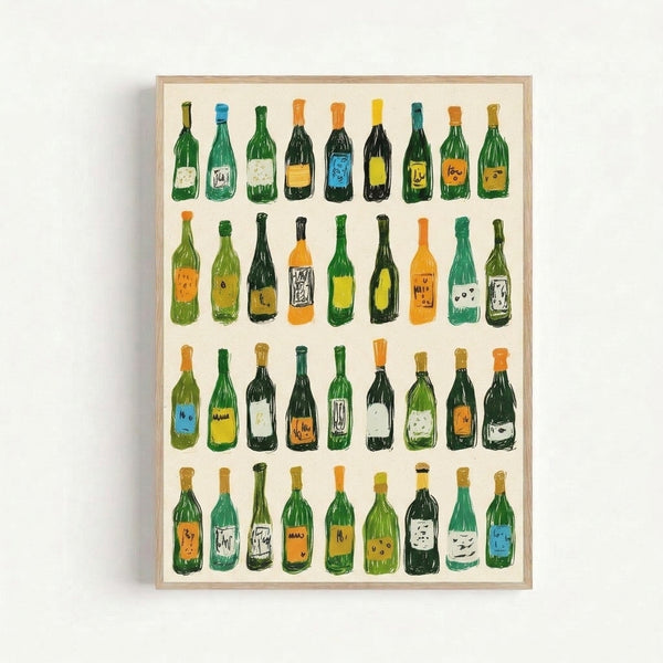 Pop art style framed poster displaying a collection of colorful wine bottles rendered in minimalist line drawing with vibrant accents against cream.