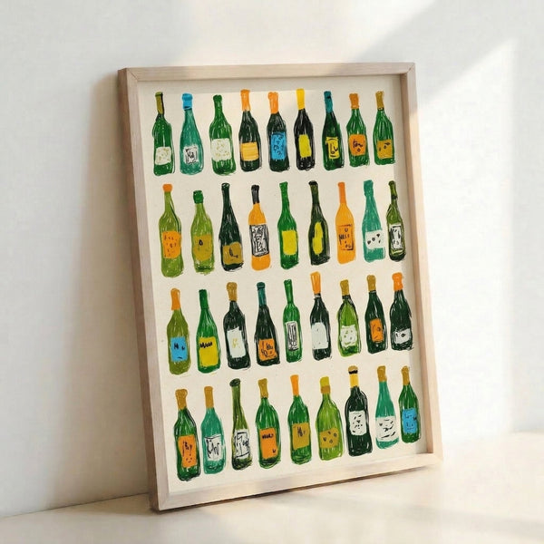 Contemporary wall art print showing stylized wine bottles in playful pop art aesthetic, combining warm oranges and yellows with deep forest green tones.