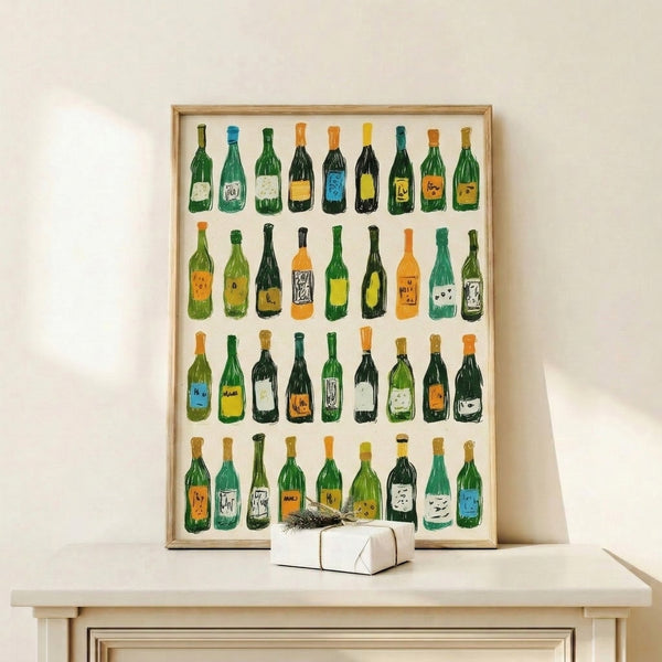 Hand-drawn wine bottle collection poster in modern line art style with cheerful pops of color, featuring forest green, cream, orange, and black.
