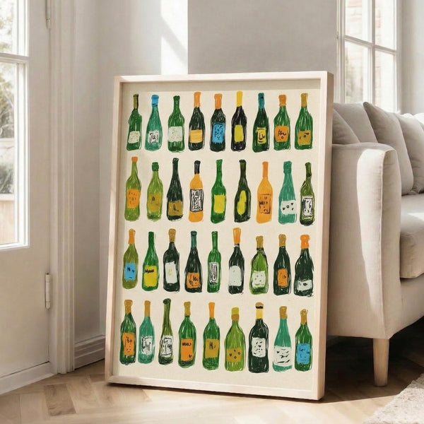 Convivial pop art framed print of wine bottles rendered as minimalist line illustrations with a warm, playful color palette of greens and warm tones.