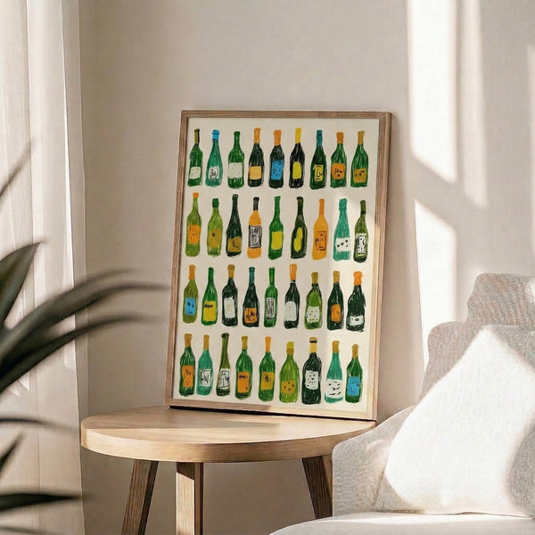 Modern line art wall poster celebrating wine bottles with playful pop art design in forest green, cream, orange, yellow, and black.