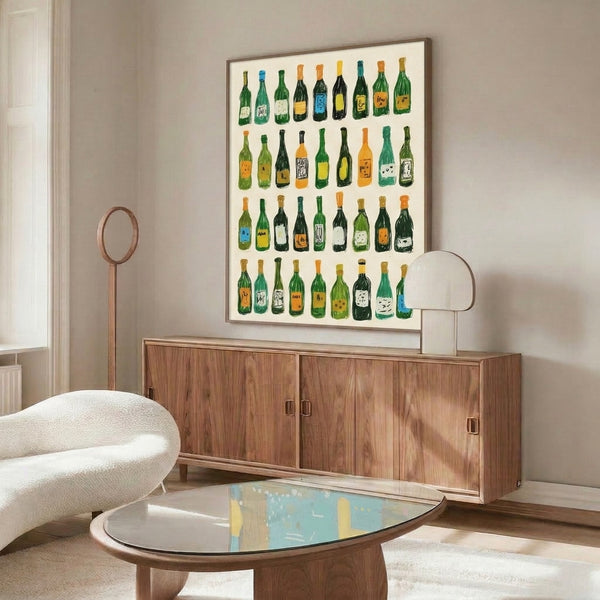 Hand-drawn wine bottle artwork in contemporary pop art style, featuring bold black outlines and a cheerful palette of forest green, orange, and cream tones on framed wall art.