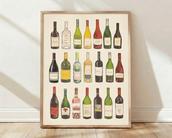 Vintage wine bottle chart print with line art illustrations in cream, forest green, deep red, and golden yellow tones, displaying a sophisticated retro design for wine enthusiasts.