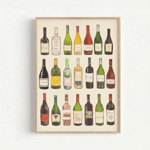 Framed retro wine poster featuring elegant line-drawn bottles in burgundy, deep green, and cream colors with a nostalgic, cultured aesthetic.