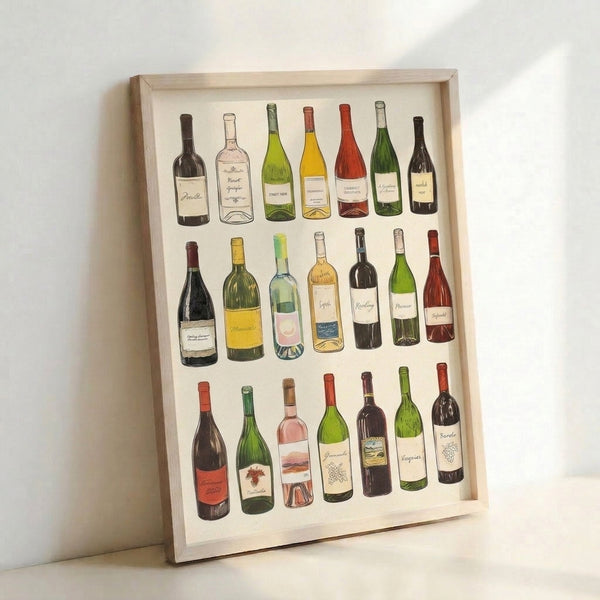 Sophisticated vintage wine wall art print showing detailed bottle illustrations in warm gold and rich burgundy hues against a cream background.