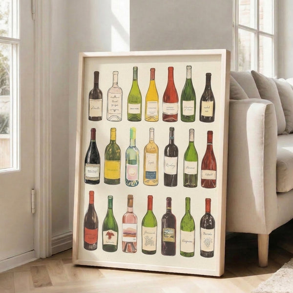 Retro wine lover's print with stylized bottle line art in forest green and deep red, evoking a nostalgic, cultured dining room mood.