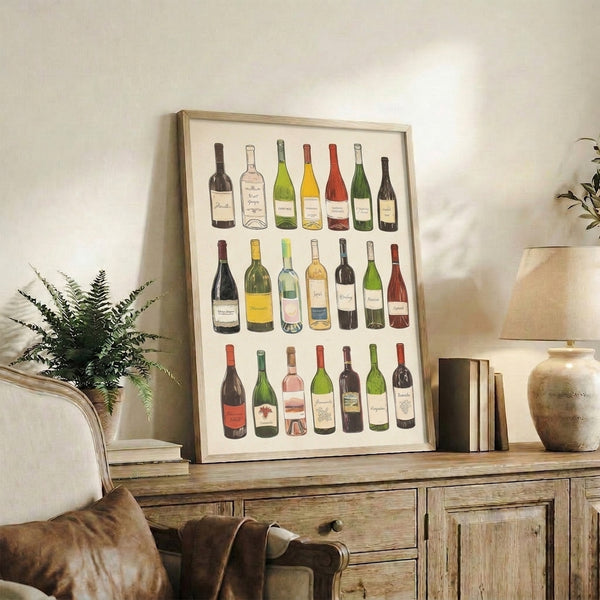 Vintage chart-style wine poster featuring sophisticated line artwork of bottles in golden yellow, burgundy, and cream tones with a timeless appeal.