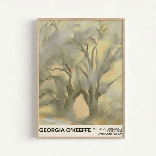 Framed art print featuring delicate winter cottonwood trees with intricate branching patterns, executed in gentle watercolor with cream and tan palette.