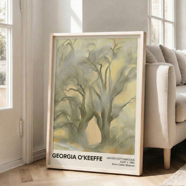 Watercolor study of bare cottonwood branches in winter, featuring warm tan and cream tones against soft gray, capturing an intimate and peaceful atmosphere.
