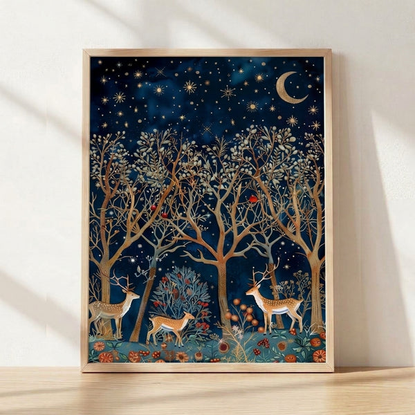 Whimsical watercolor poster featuring a deer in a moonlit forest with stars, delicate flowers, and trees in deep navy, gold, cream, and sage green tones; cottagecore woodland art with a serene, magical winter mood.