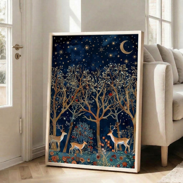 Art Nouveau-inspired watercolor print of a deer standing beneath a glowing moon surrounded by a starry night forest, rendered in rich navy, burnt orange, and cream palette; enchanting woodland wall decor.