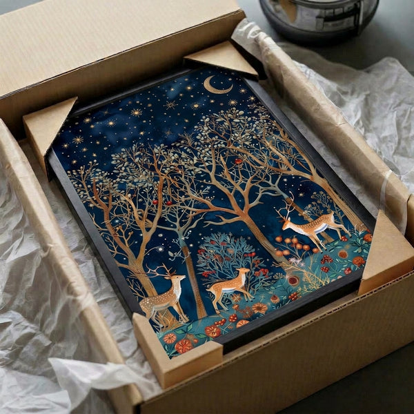Magical woodland poster in watercolor style showing a deer amid moonlit trees, stars, and wildflowers in deep blues, warm burnt orange, cream, and sage; whimsical, enchanting forest wall art.