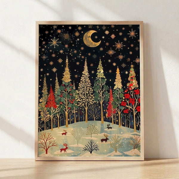 Framed poster of a serene winter forest under a glowing golden moon, with deer among snow-dusted trees and falling snowflakes, rendered in midnight black, cream, and forest green tones for a peaceful, cottagecore aesthetic.