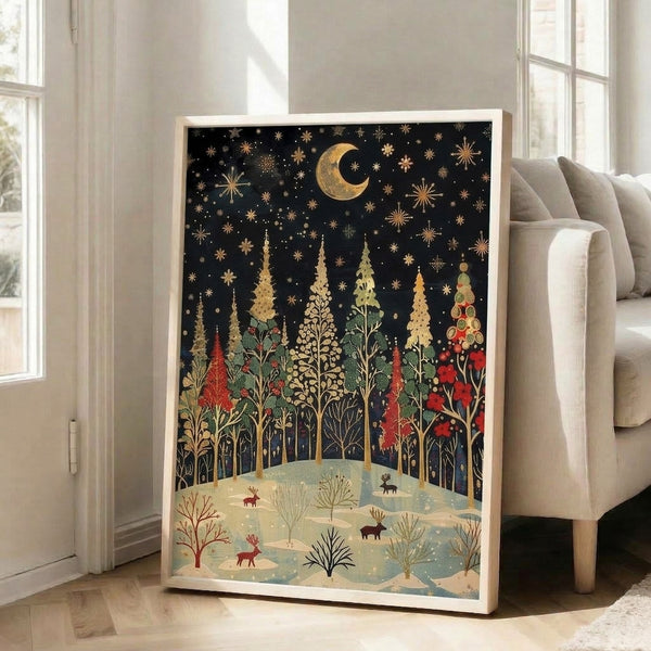 Winter landscape art print featuring a moonlit woodland scene with deer in snow, combining minimalist design with warm gold accents against deep black and green hues, evoking cozy enchantment.