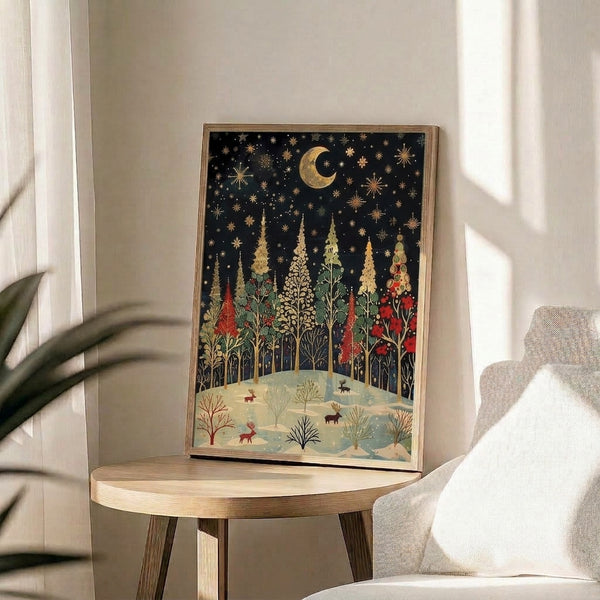 Japandi-style framed poster depicting a snowy forest at night illuminated by a luminous golden moon, with delicate snowflakes and forest creatures, in a palette of black, cream, and emerald green.