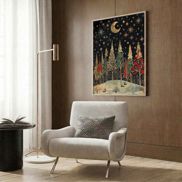 Whimsical winter forest poster showing deer beneath a radiant golden moon surrounded by snow and evergreens, blending cottagecore charm with minimalist composition in moody blacks, forest tones, and warm cream highlights.