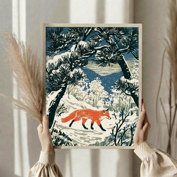 Japandi woodblock art print featuring a fox resting in a snowy landscape framed by sage green pines and deep blue peaks, evoking quiet mountain wilderness.