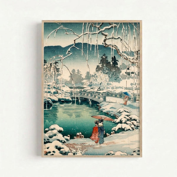 Tranquil ukiyo-e style artwork showing a winter landscape with a wooden bridge, snow-laden branches, and contemplative figures by water with mountains in the distance.