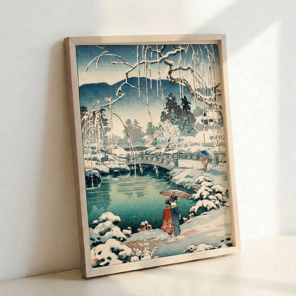Japandi art print featuring a snowy bridge scene in traditional Japanese woodblock style, with rust red and teal accents creating a peaceful winter aesthetic.