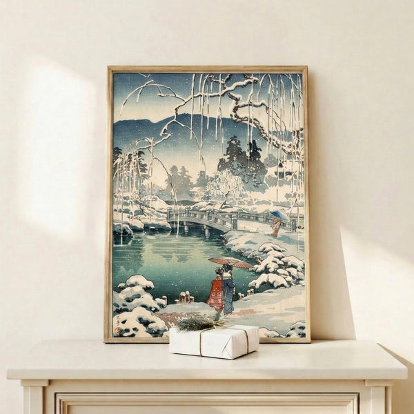 Winter-themed Japanese art print with a delicate bridge crossing snow-blanketed terrain, willow trees, and kimono-clad figures in a contemplative landscape composition.