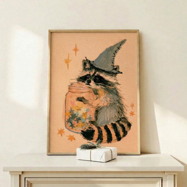 Gothic-inspired watercolor artwork featuring an enchanting raccoon in witchy attire with a tall hat, mystical elements, and celestial details in a palette of peach, sage, and warm gold hues.