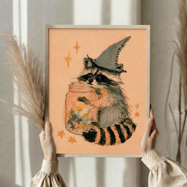 Spellbinding watercolor illustration of a raccoon adorned with a witch hat alongside magical stars and a mysterious jar, blending whimsy with gothic charm in soft peach, green, and cream tones.
