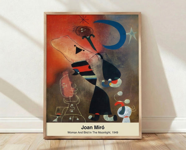 Abstract surreal poster featuring a stylized woman and bird beneath a luminous moon and stars, rendered in deep blue, bright yellow, red, and black on a white ground.