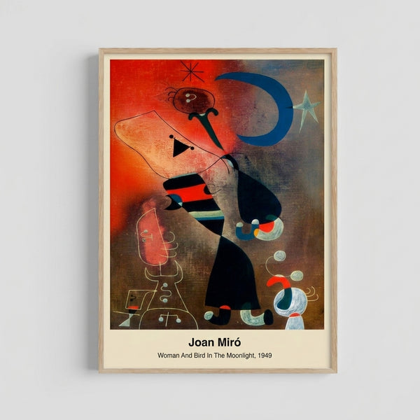Framed modern art print with cosmic composition of a woman and bird in moonlight, using bold geometric forms in blues, yellows, and reds against a serene night sky.