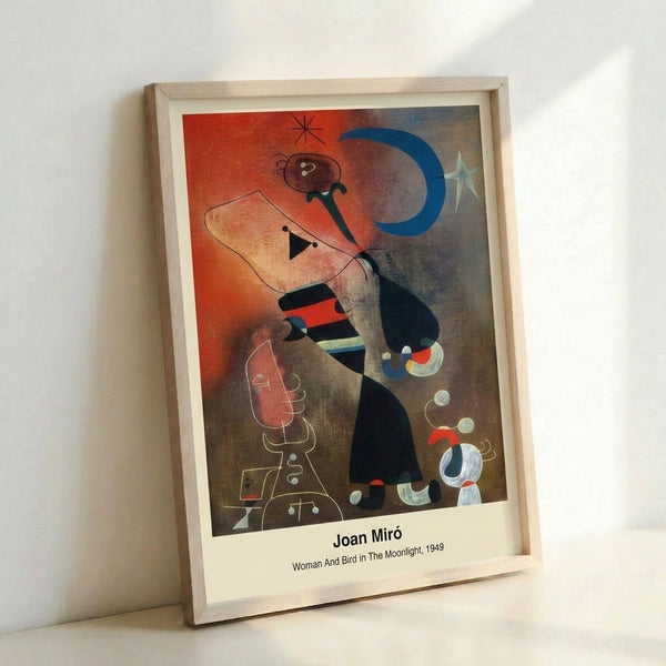Contemporary surreal wall art displaying an abstract woman and bird motif with celestial elements, painted in rich blues, vibrant yellows, and striking reds with black accents.
