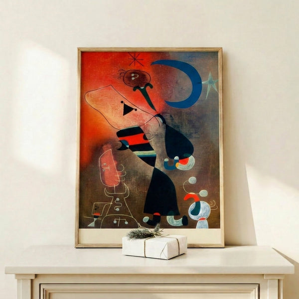 Minimalist surreal poster showing a woman and bird silhouette amid moon and stars, executed in contrasting palette of deep blue, yellow, red, and black line work.