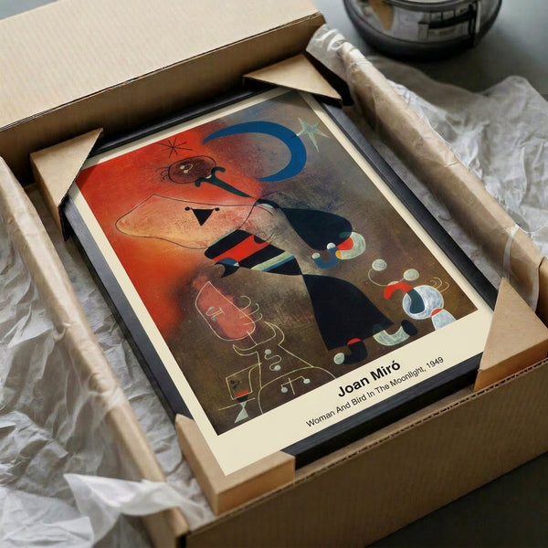 Contemporary wall poster with contemplative surreal imagery of woman and bird under moonlit sky, using geometric abstraction in rich blue, golden yellow, red, and black tones.