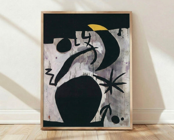 Abstract poster featuring a stylized woman figure with birds against a dark night sky, rendered in bold organic shapes and a muted color palette of blues, blacks, and earth tones.