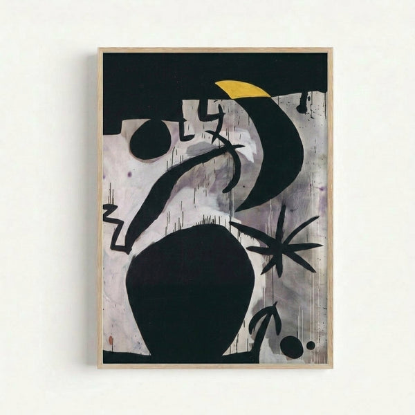 Framed modern art print displaying surrealist composition of a woman and birds in nocturnal setting, with flowing biomorphic forms in deep blues and neutral hues on a dark background.
