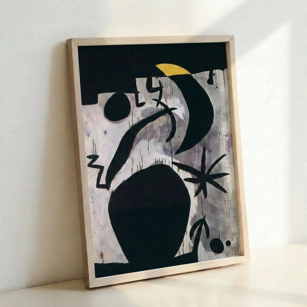 Dark abstract wall art showcasing a woman silhouette surrounded by bird motifs, created with gestural brushwork and a sophisticated palette of charcoal, indigo, and muted ochre tones.