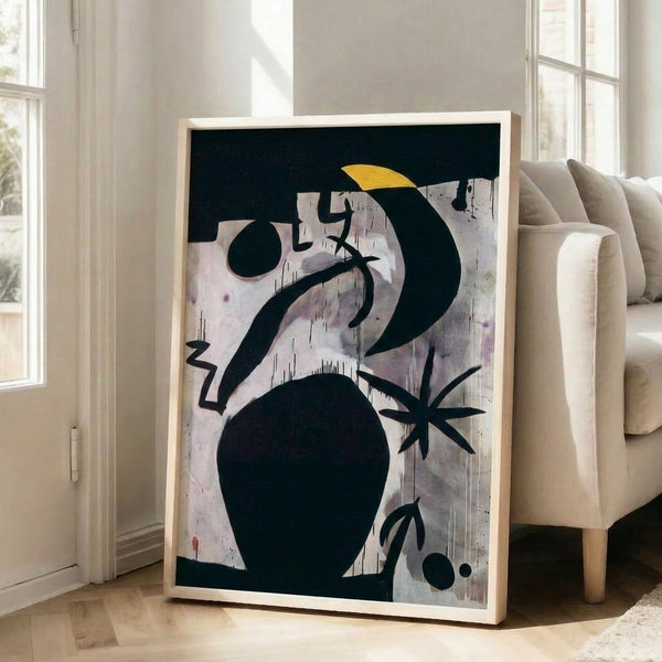 Surrealist-inspired poster of a female figure and flying birds set against a nighttime scene, featuring organic curved shapes and a moody palette of navy, black, and warm earth colors.