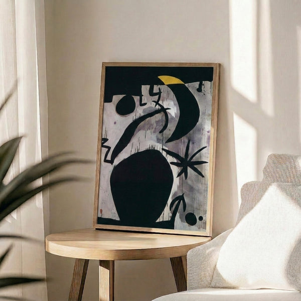 Abstract night-themed art print with a woman and birds depicted through flowing organic forms in a limited palette of deep blues, blacks, and soft neutrals creating an ethereal mood.