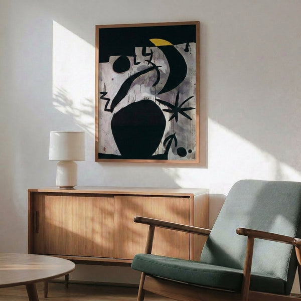 Framed poster art displaying a nocturnal composition of a woman and birds rendered in modernist style with biomorphic shapes, using a sophisticated dark palette of blues and warm undertones.