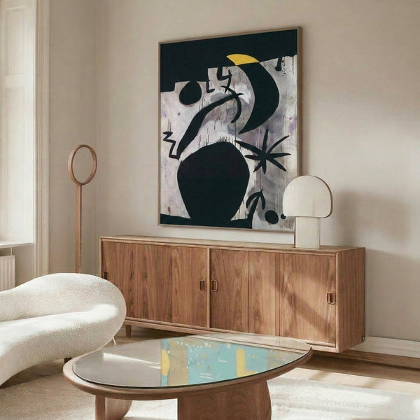 Dark abstract wall art featuring a woman figure with birds in flight against a nighttime backdrop, characterized by flowing shapes and a moody color scheme of indigo, charcoal, and muted earth tones.