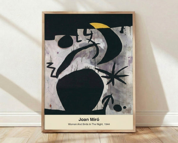Abstract surreal poster featuring a woman and birds amid swirling forms in shades of blue, black, white, and ochre, evoking a dreamlike nighttime scene.