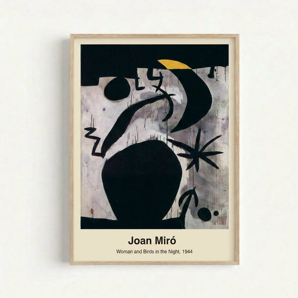 Framed modern art print with Miro's signature abstract style showing a contemplative woman and birds in mysterious nocturnal composition using deep blues and warm earth tones.